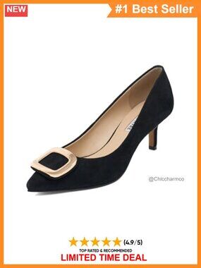 Genuine Leather Kitten Heel Pumps 2 Inch Pointed Toe Dress Shoes Metal Buckle